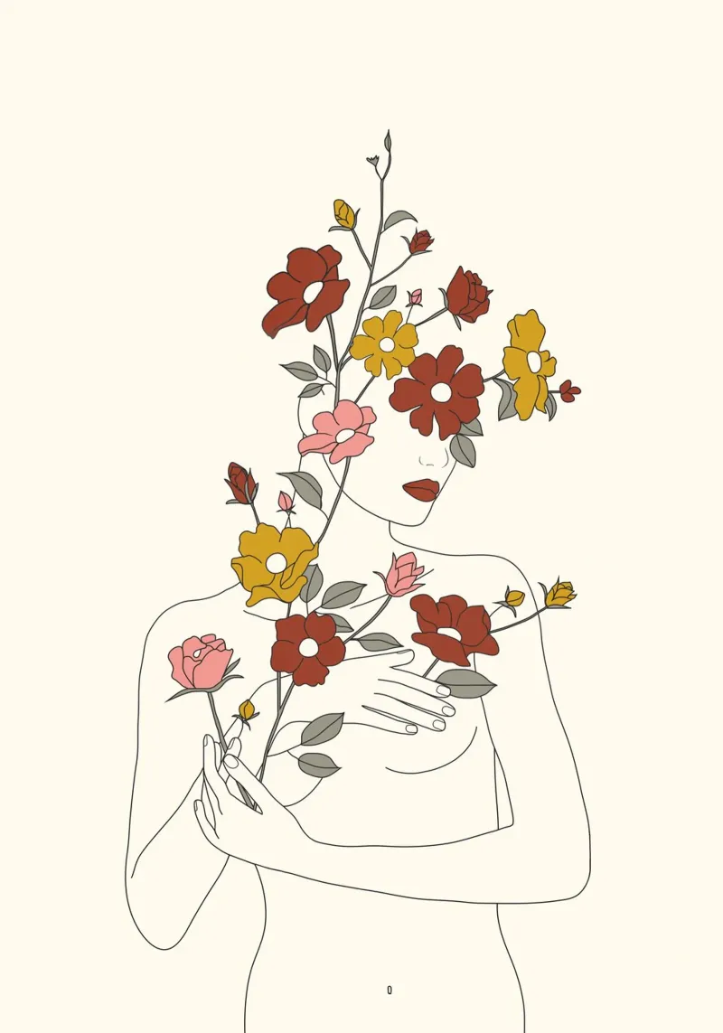 Colorful Thoughts Minimal Line Art Woman with Wild Roses acrylic glass by Nadjaa