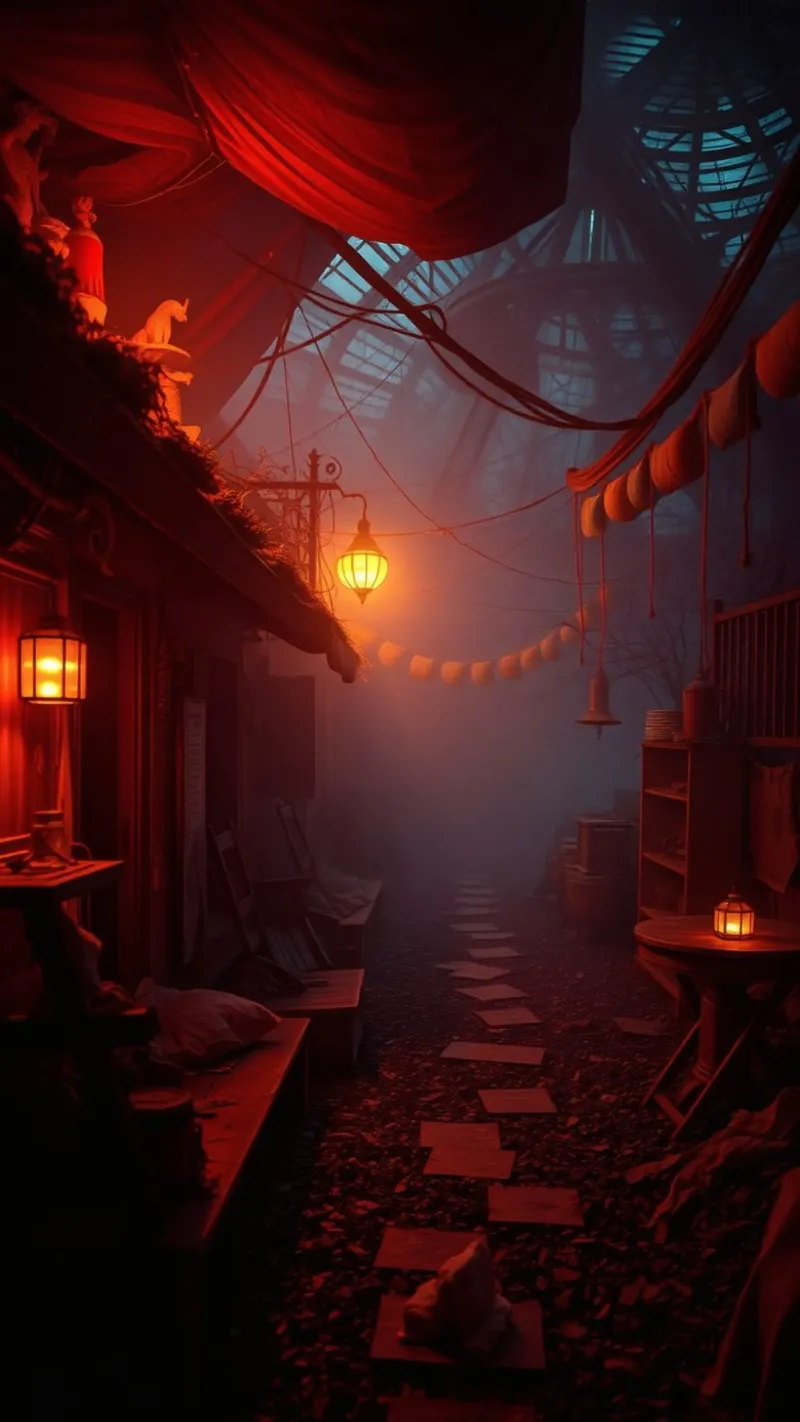 Enchanting alleyway with warm lanterns and mist canvas by DesignDoodle