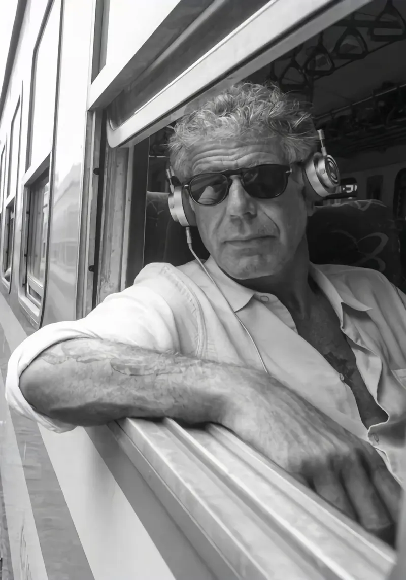 Anthony Bourdain Listening To Music in the Train canvas with Floater frame by Beth Pop Culture