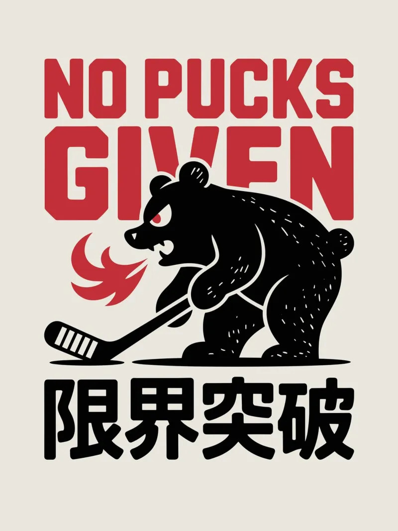 No Pucks Given - Kanji artistico dell'orso dell'hockey su ghiaccio poster con telaio in legno da GameDay Studio