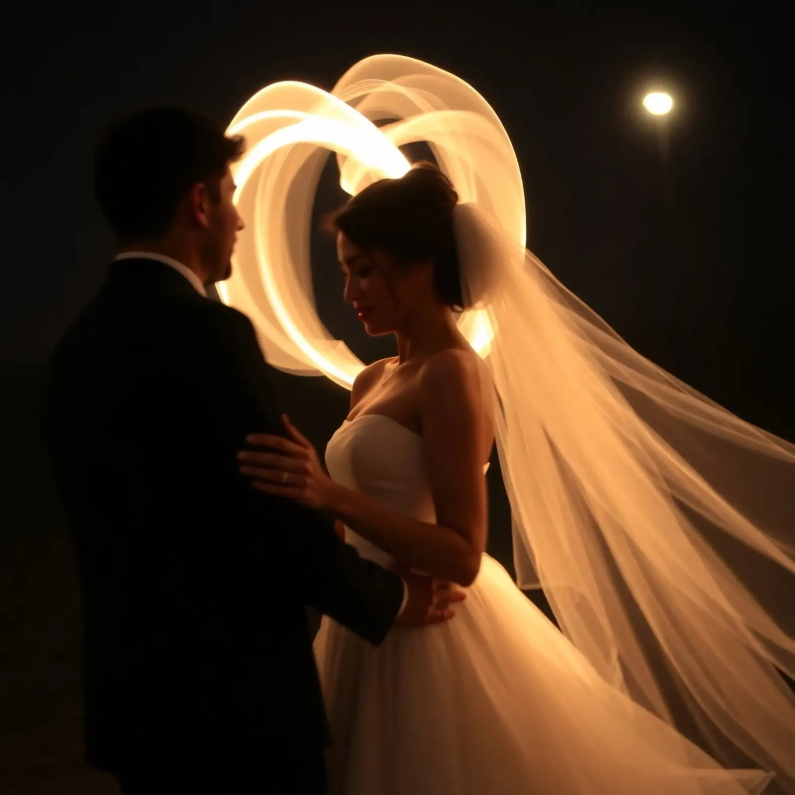 Couple shares a romantic moment with glowing veil acrylic glass by DesignDoodle