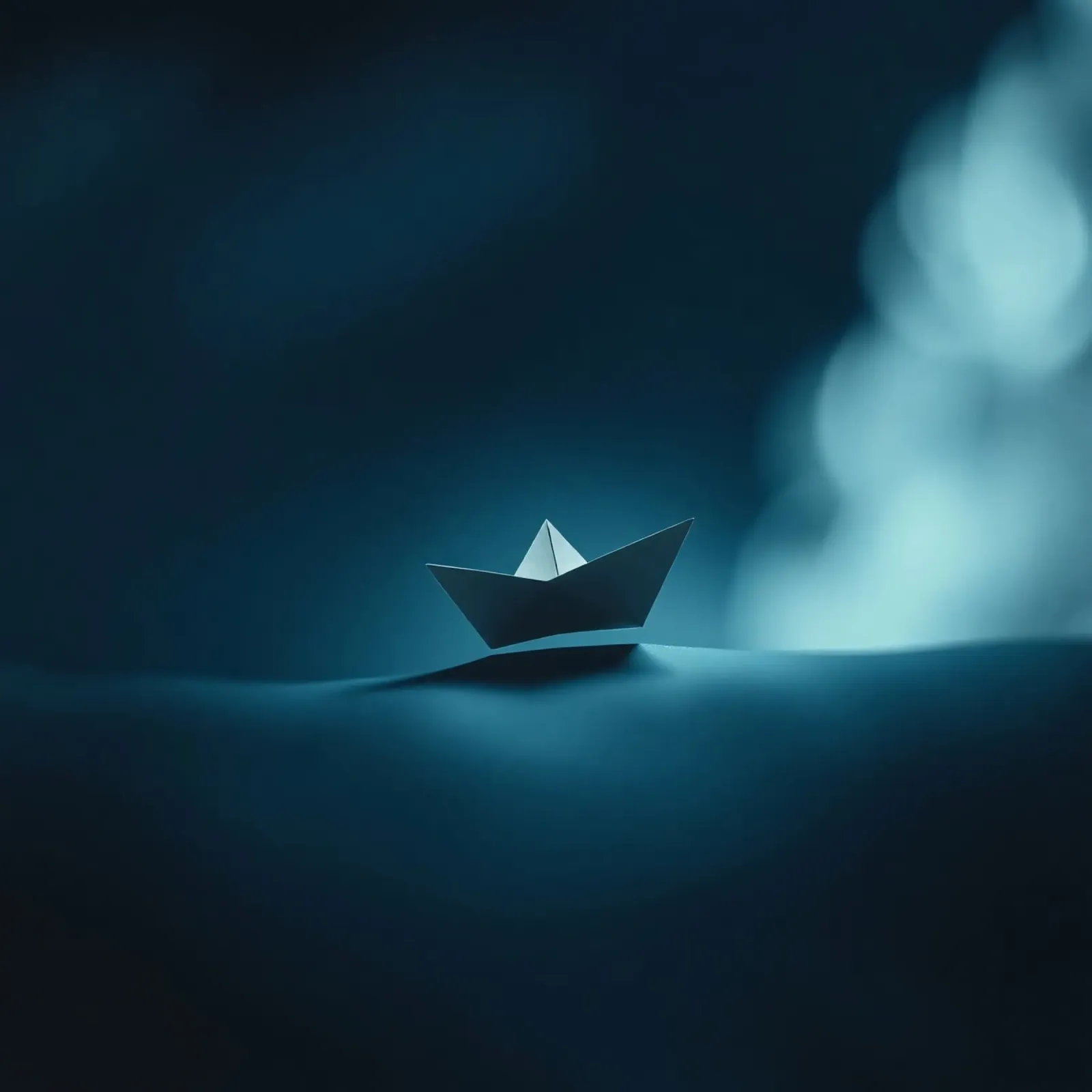 Piccola barca di carta che scivola sull'acqua calma in una stanza poco illuminata pellicola backlit da DesignDoodle