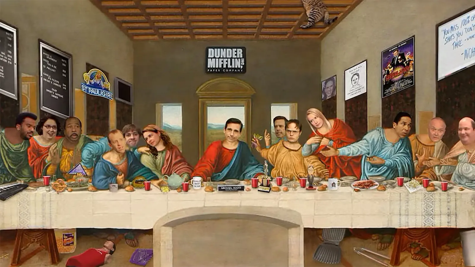 The Last Supper in the Office poster con marco de madera de Attaboy Dsgn
