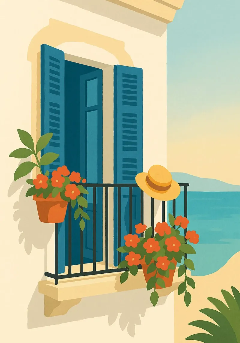 Old Town Balcony poster con telaio in plastica da Mosaic Dialogue