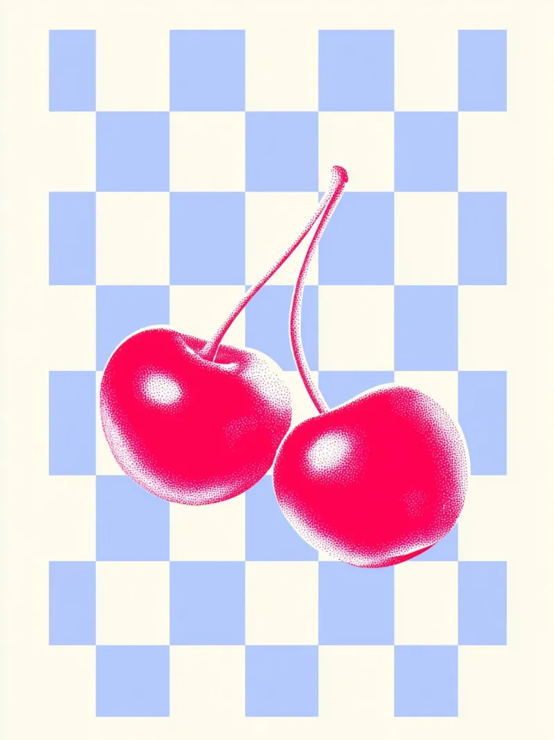 Lattice pattern Loves cherries canvas with Floater frame by Carinaprint