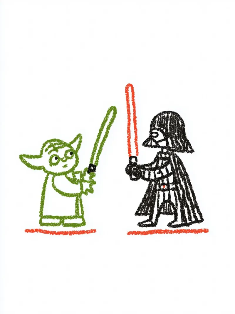 Stampa d'arte di Star Wars: Battaglia artistica tra Yoda e Darth Vader poster da Kaji