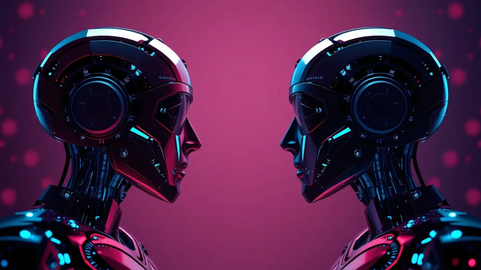 Robot futuristici che si fronteggiano in un'immagine cibernetica stilizzata. carta hahnemühle da DesignDoodle
