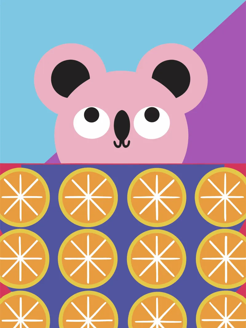 Koala e frutta arancione poster con telaio in plastica da LOOK DIFFERENT
