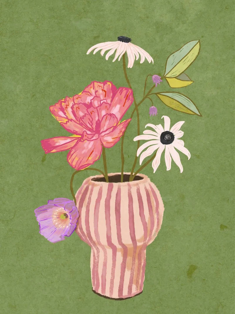 Fiori in vaso a righe carta hahnemühle da Illustration Raissa Oltmanns