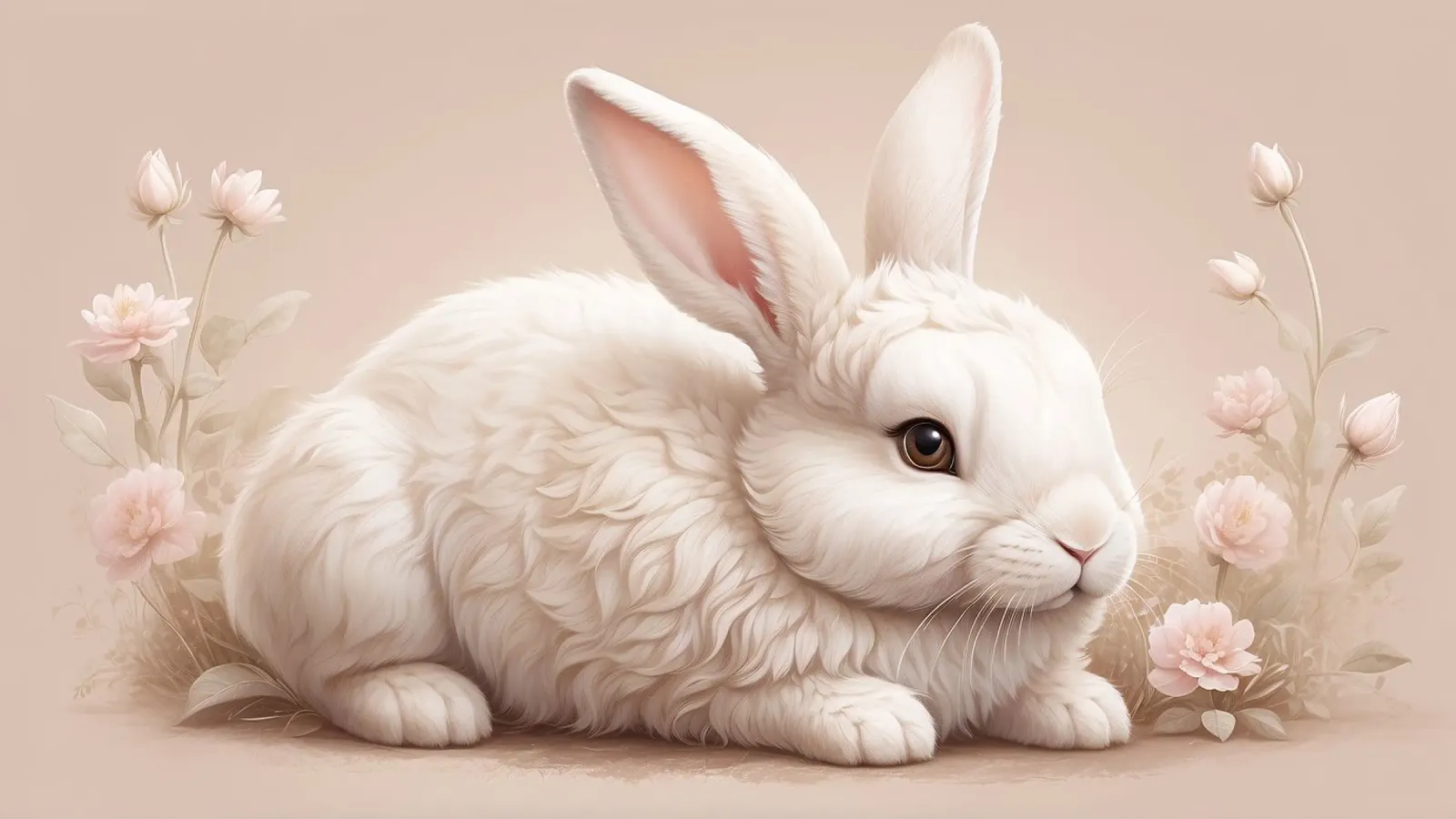 Lapin blanc pelucheux se reposant parmi des fleurs délicates soft art hahnemühle de DesignDoodle