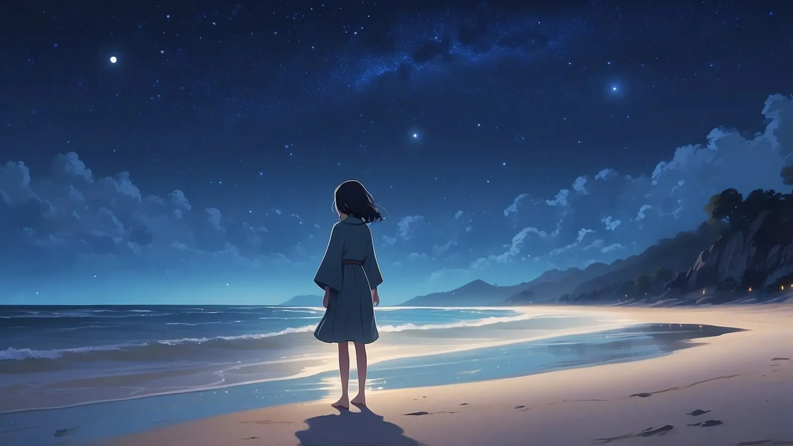 Una joven contempla el cielo nocturno estrellado desde la arena de la playa lámina retroiluminada de DesignDoodle