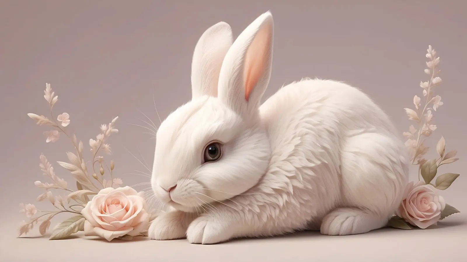 Conejo blanco descansando entre suaves flores rosas metacrilato de DesignDoodle
