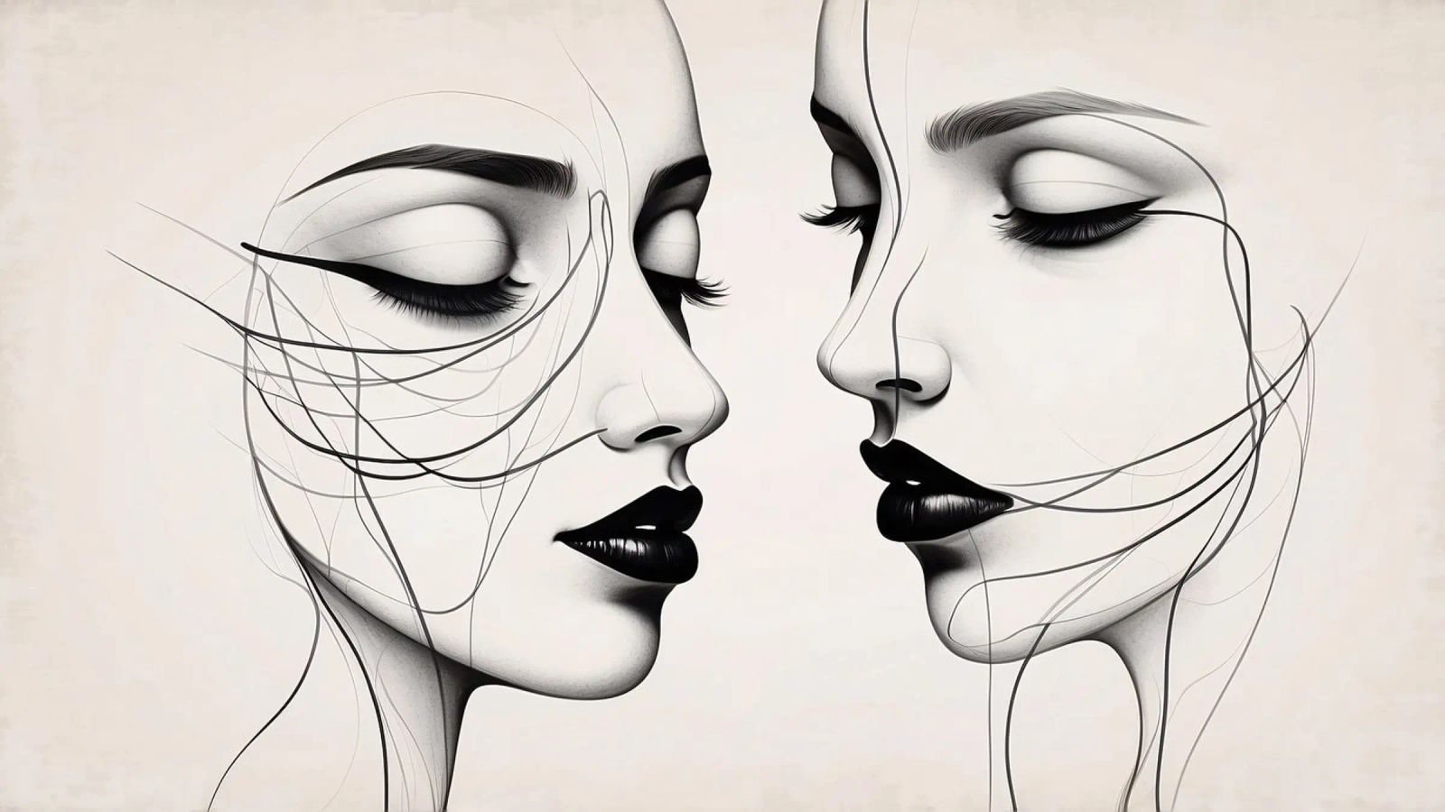 Due eleganti volti di profilo che mostrano un'intricata line art. pellicola backlit da DesignDoodle