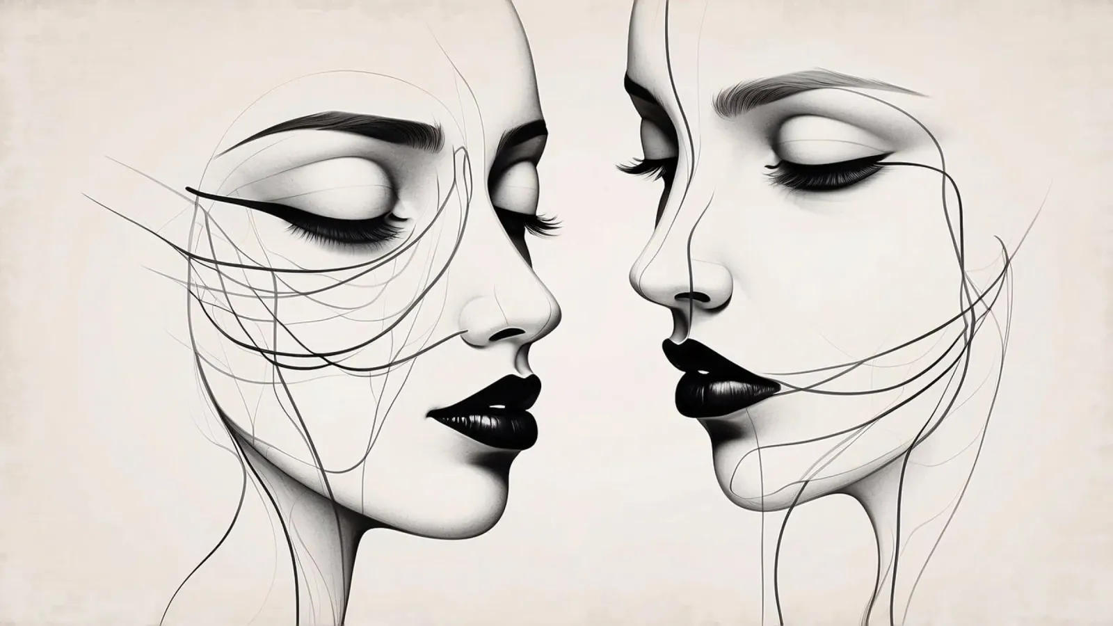 Due eleganti volti di profilo che mostrano un'intricata line art. plexiglass da DesignDoodle