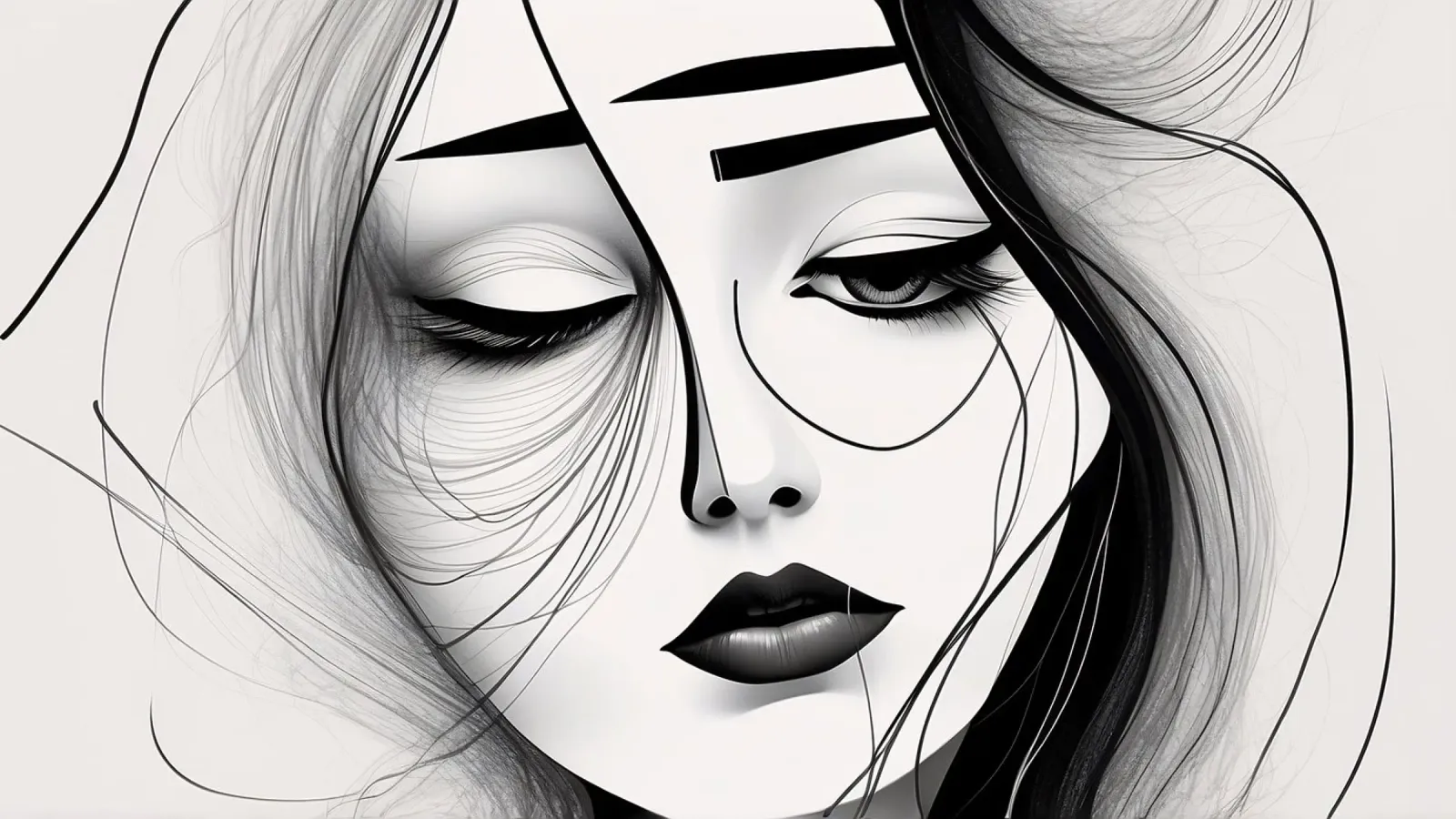 Arte artistica in bianco e nero con il volto triste di una donna poster con telaio in plastica da DesignDoodle