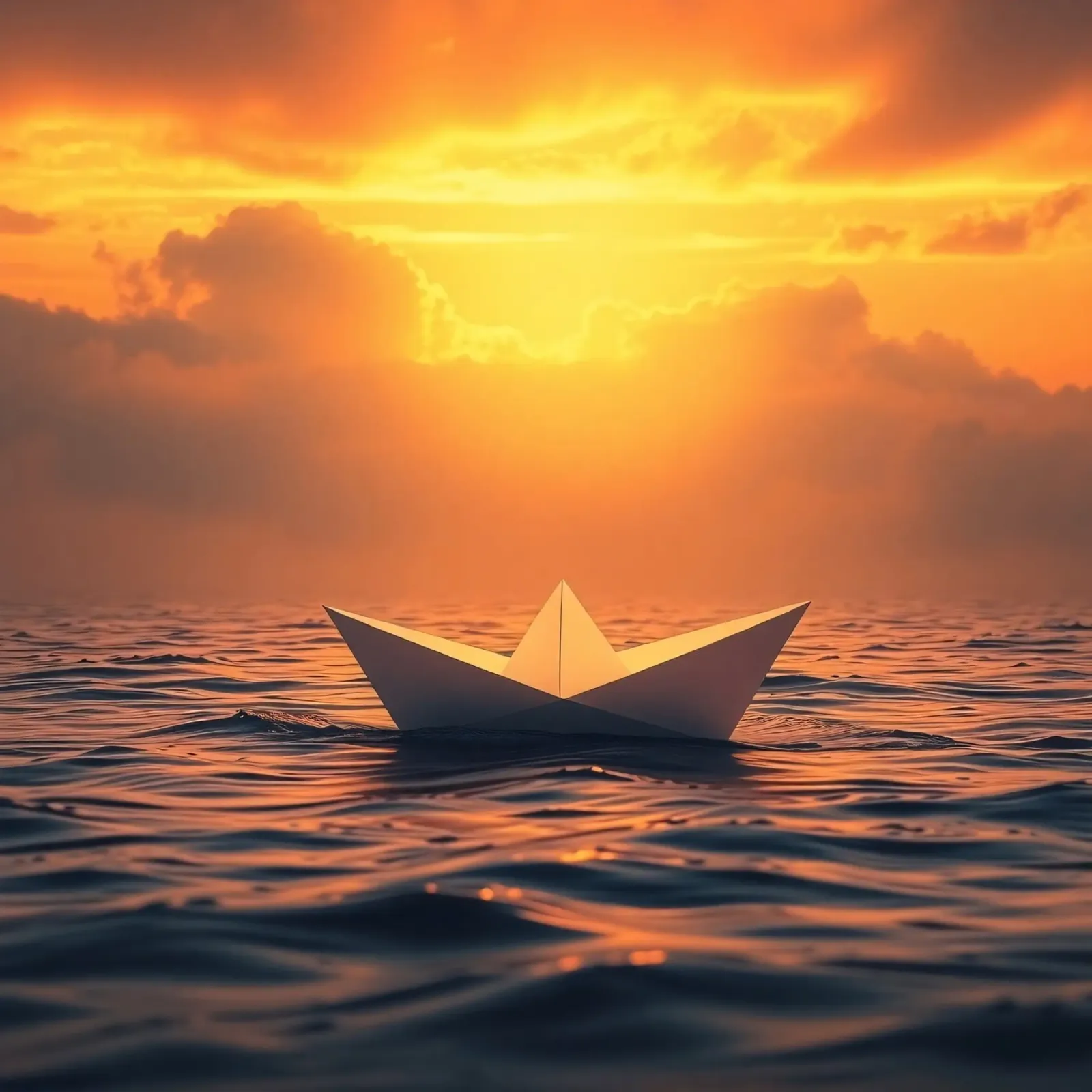 Papierboot auf ruhigem Wasser treibend während eines lebhaften Sonnenuntergangs Leinwand mit Schattenfugenrahmen von DesignDoodle