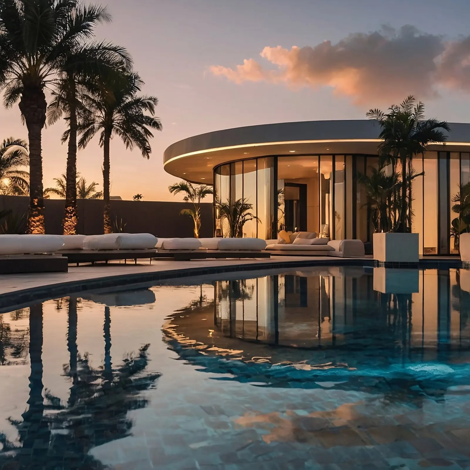 Moderna villa di lusso con splendido riflesso del tramonto carta hahnemühle da DesignDoodle