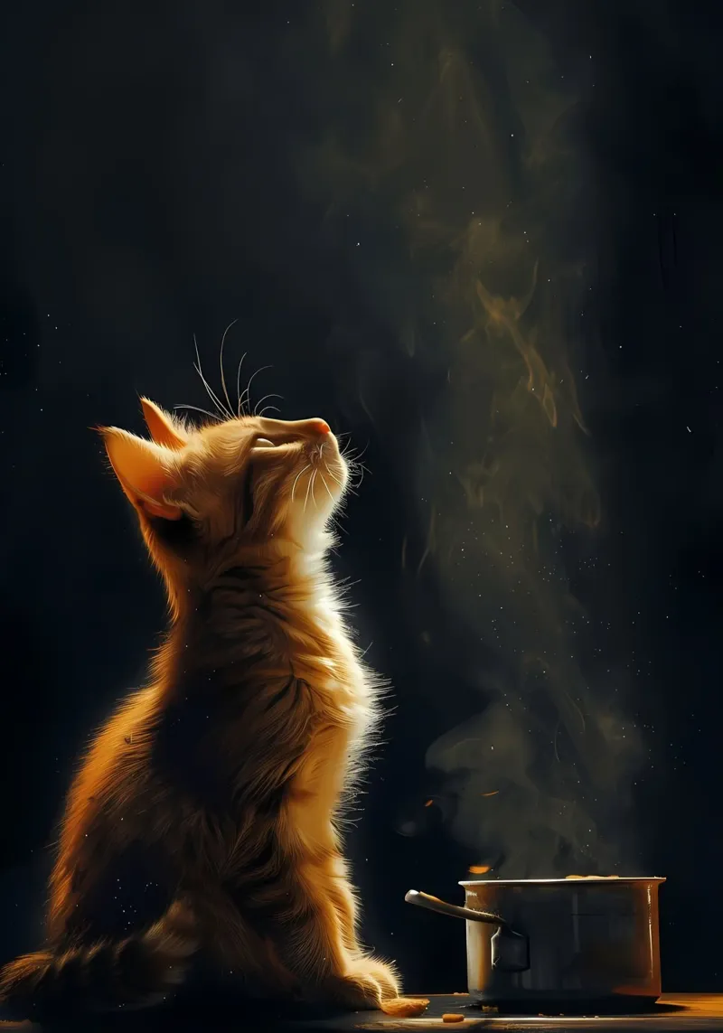 Katze Kätzchen Fell Ohren Schnurrhaare Schwanz Topf Kochen Dampf Rauch Hahnemühle von Ashish Kashyap