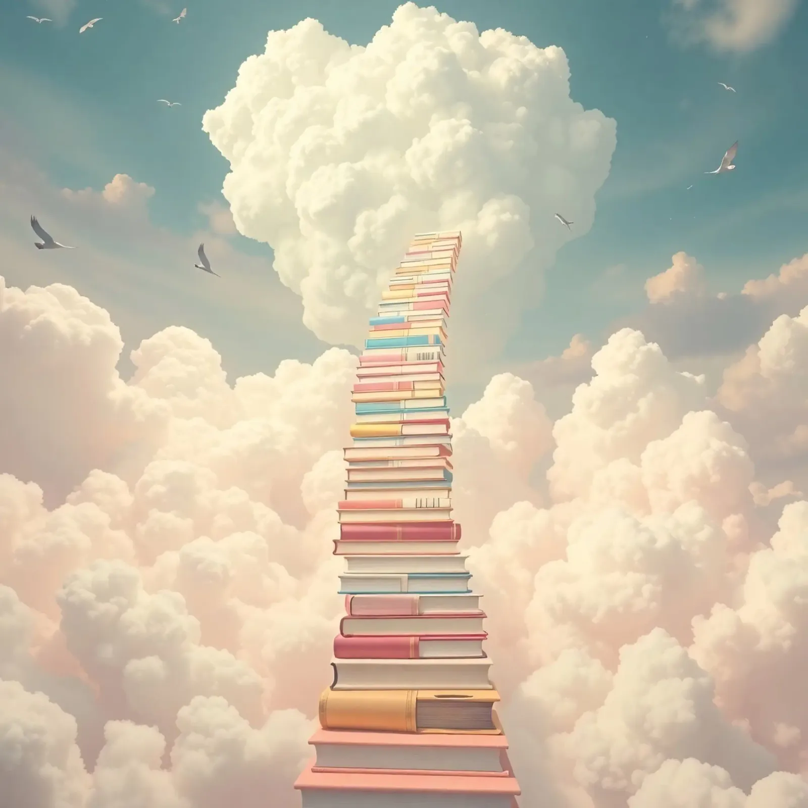 Books create a surreal staircase leading to the clouds hahnemühle by DesignDoodle