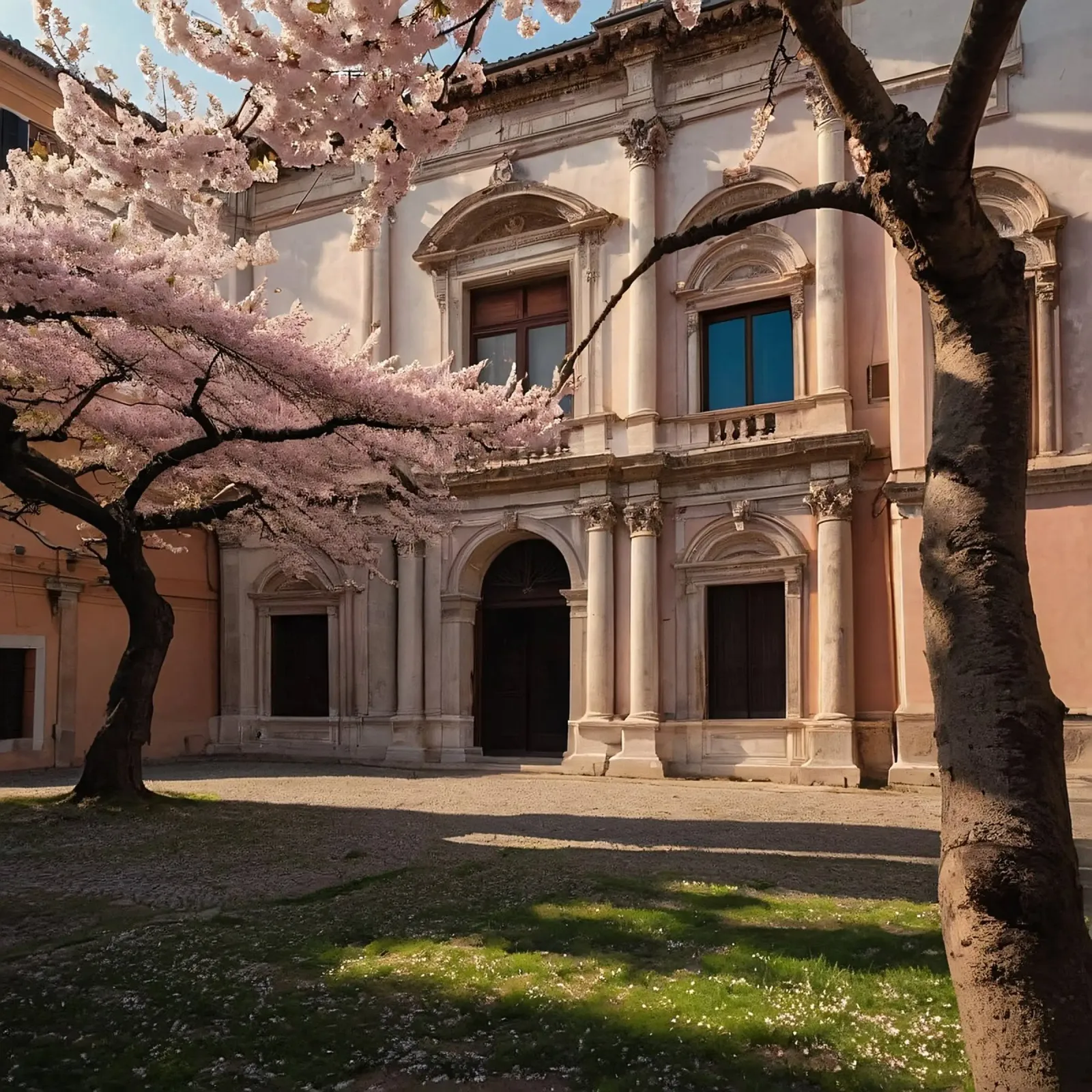 Bellissimi alberi di ciliegio in fiore vicino all'arco storico pellicola backlit da DesignDoodle