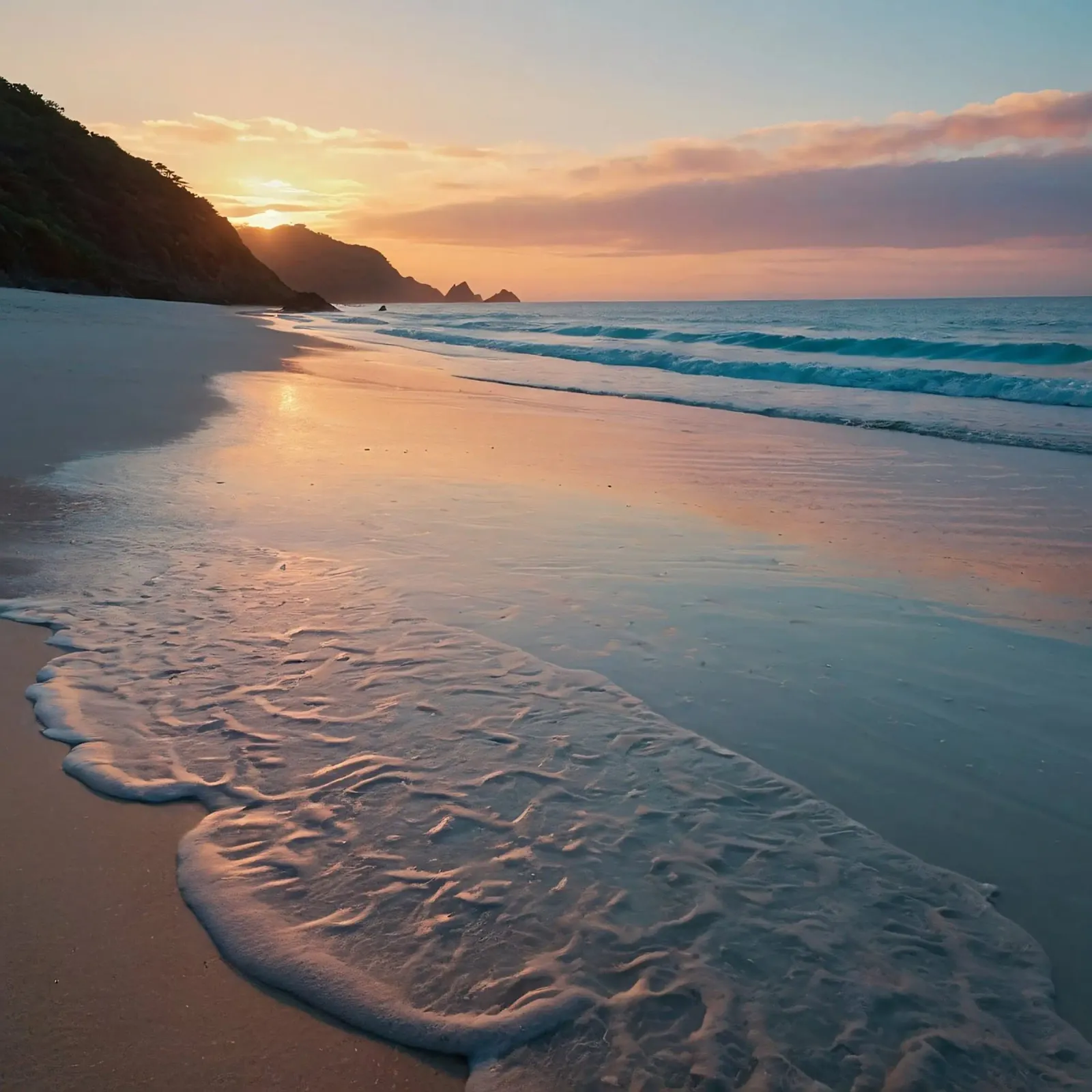 Zonsondergang over rustig strand met zachte golven canvas van DesignDoodle