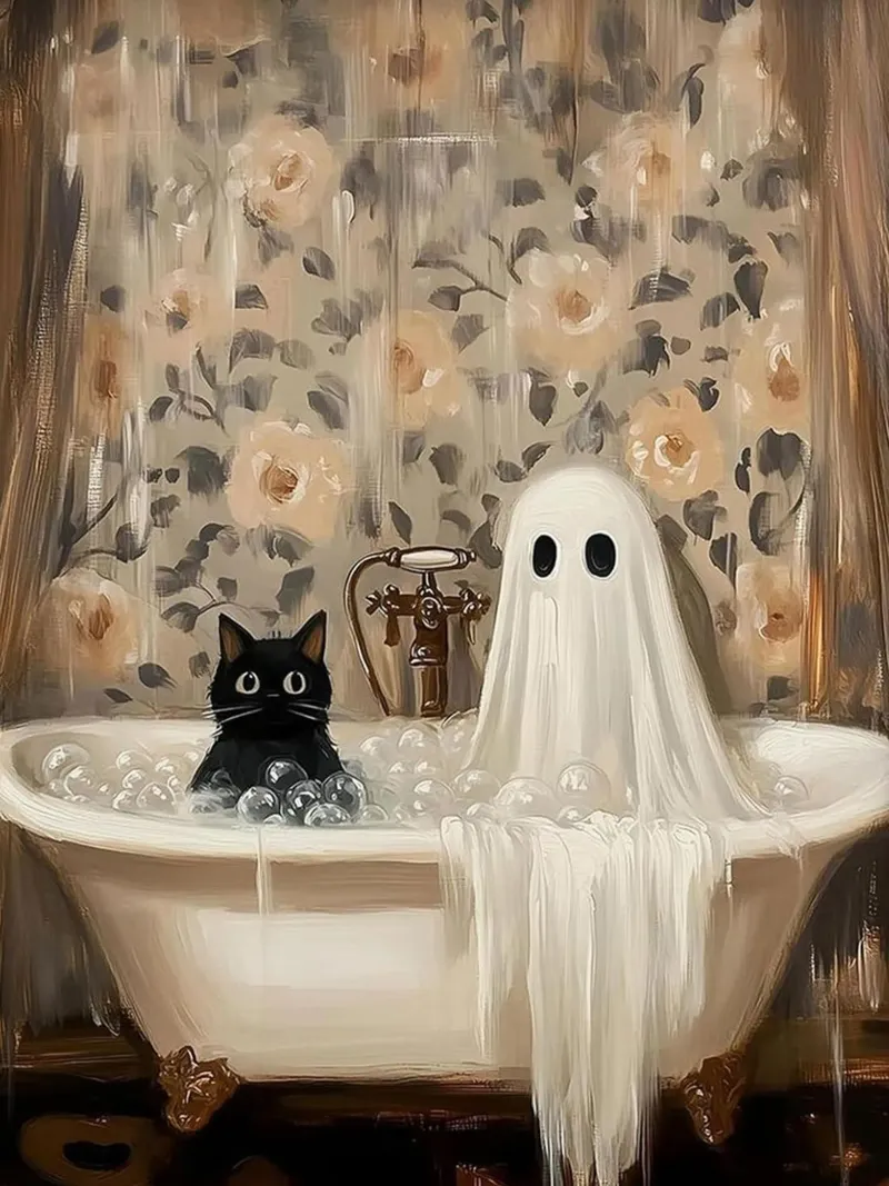 Gatto con fantasma nella vasca da bagno poster con telaio in plastica da Betty Shops