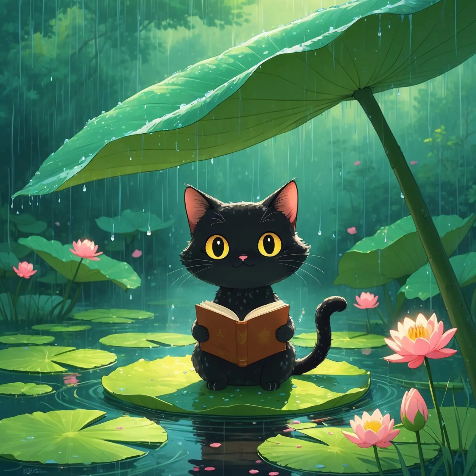 Gatto nero che legge un libro su una ninfea sotto la pioggia pellicola backlit da DesignDoodle