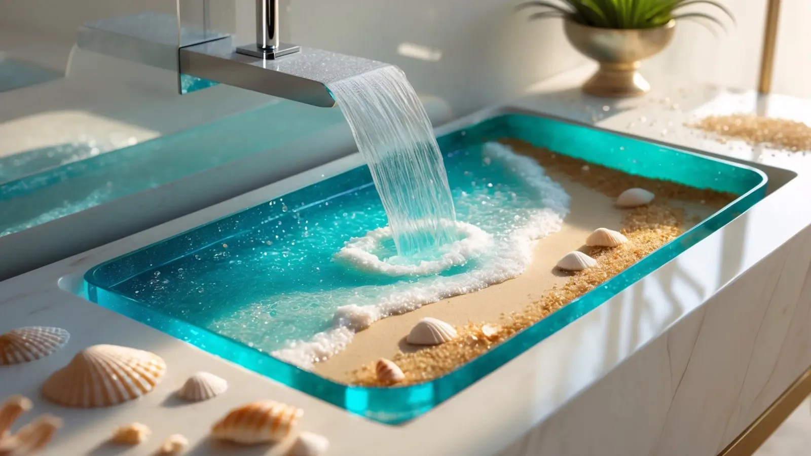 Il design del lavabo del bagno è caratterizzato da acqua che scorre e spiaggia sabbiosa pellicola backlit da DesignDoodle