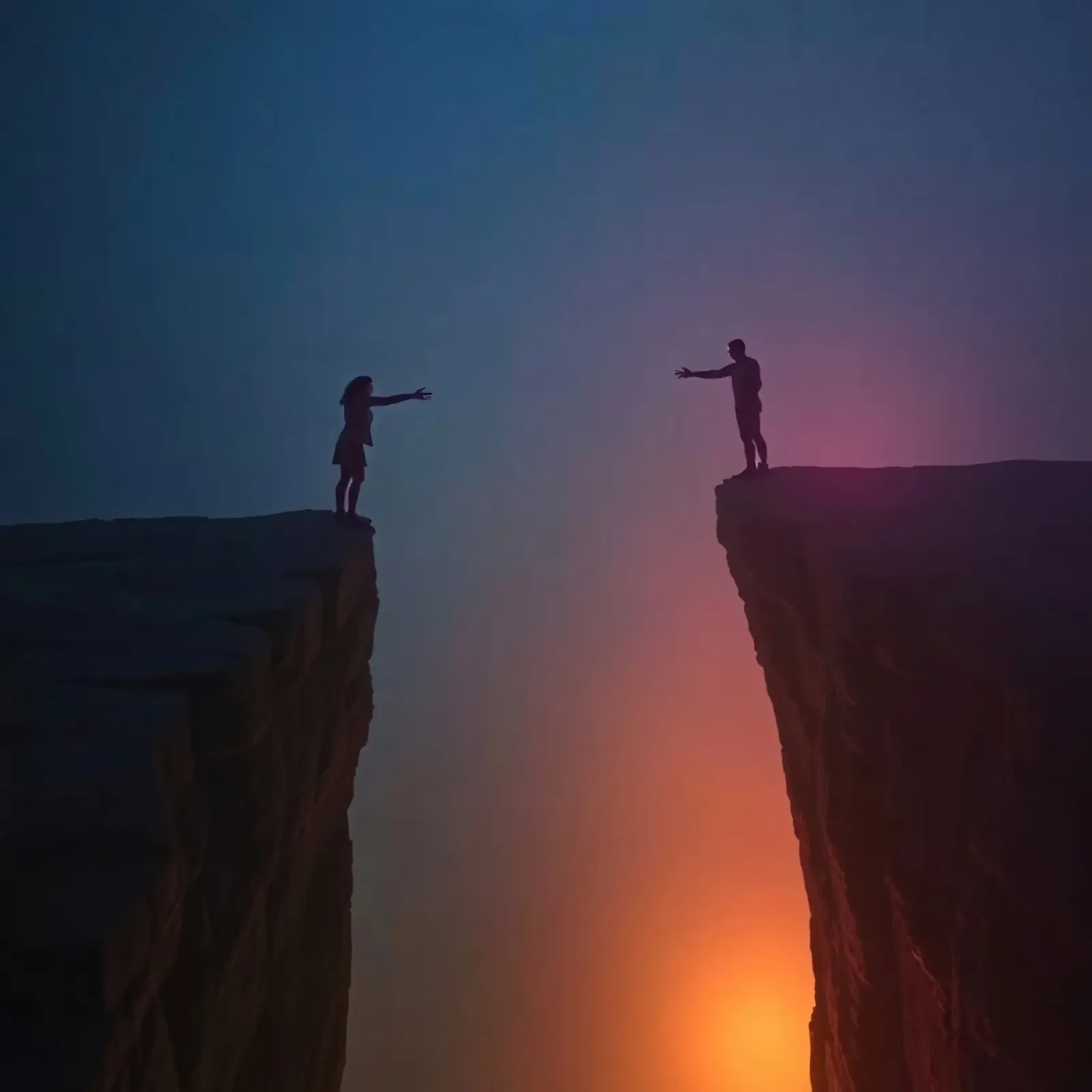 Two people reaching out to each other across a chasm canvas by DesignDoodle