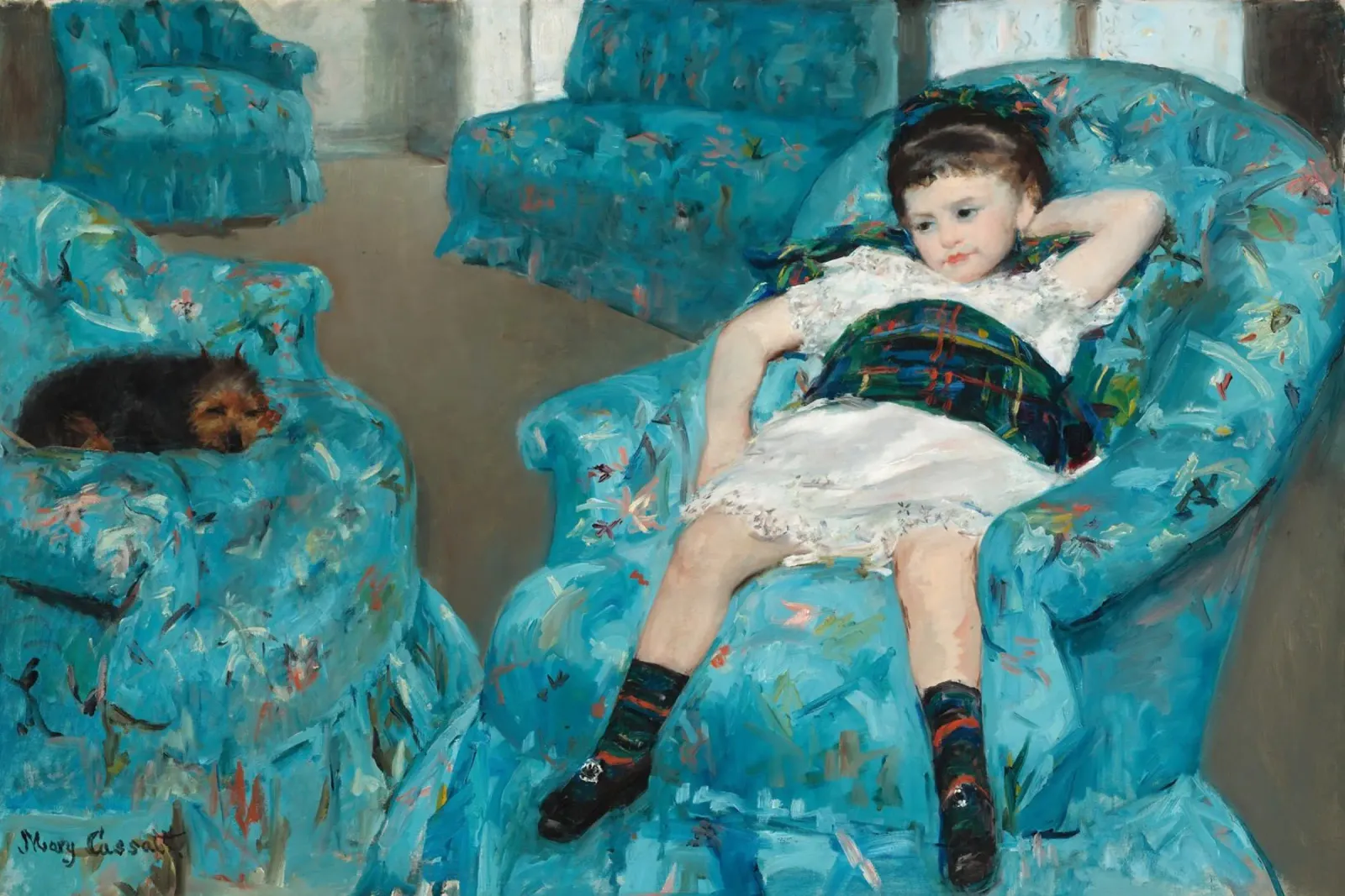 "Bambina in poltrona blu" di Mary Cassatt tela con Cornice a cassetta da Venus Art