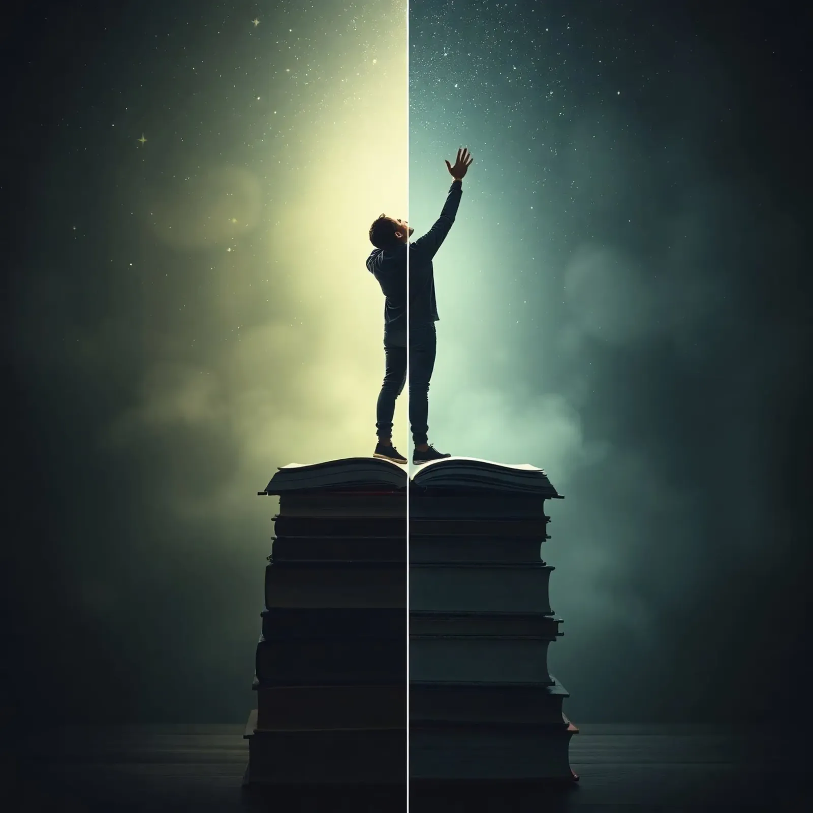 man reaches for stars while standing on a stack of books hahnemühle by DesignDoodle