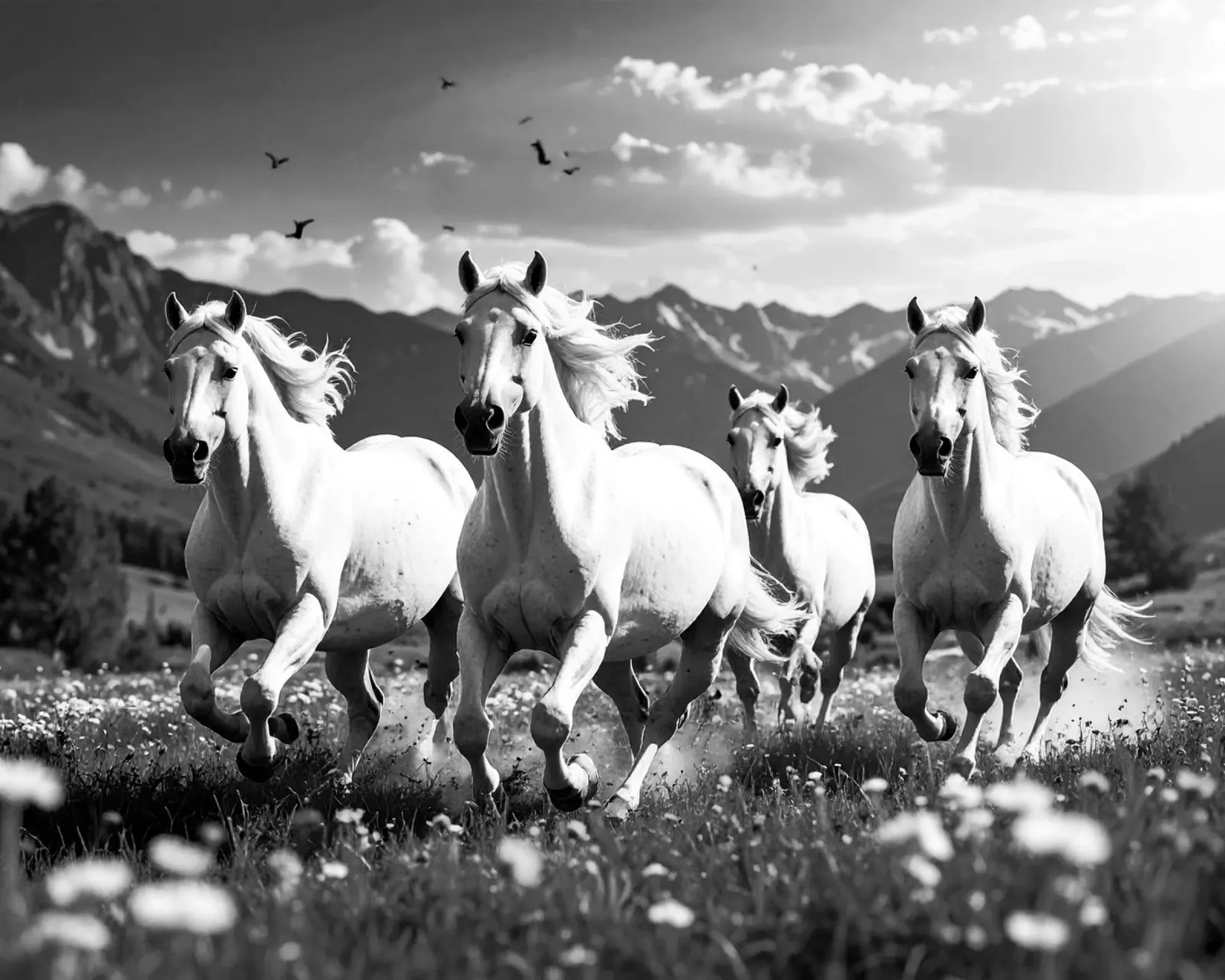 QUATRE CHEVAUX QUI GALOPENT. Noir et blanc pellicola backlit da Thierry vobmann photography