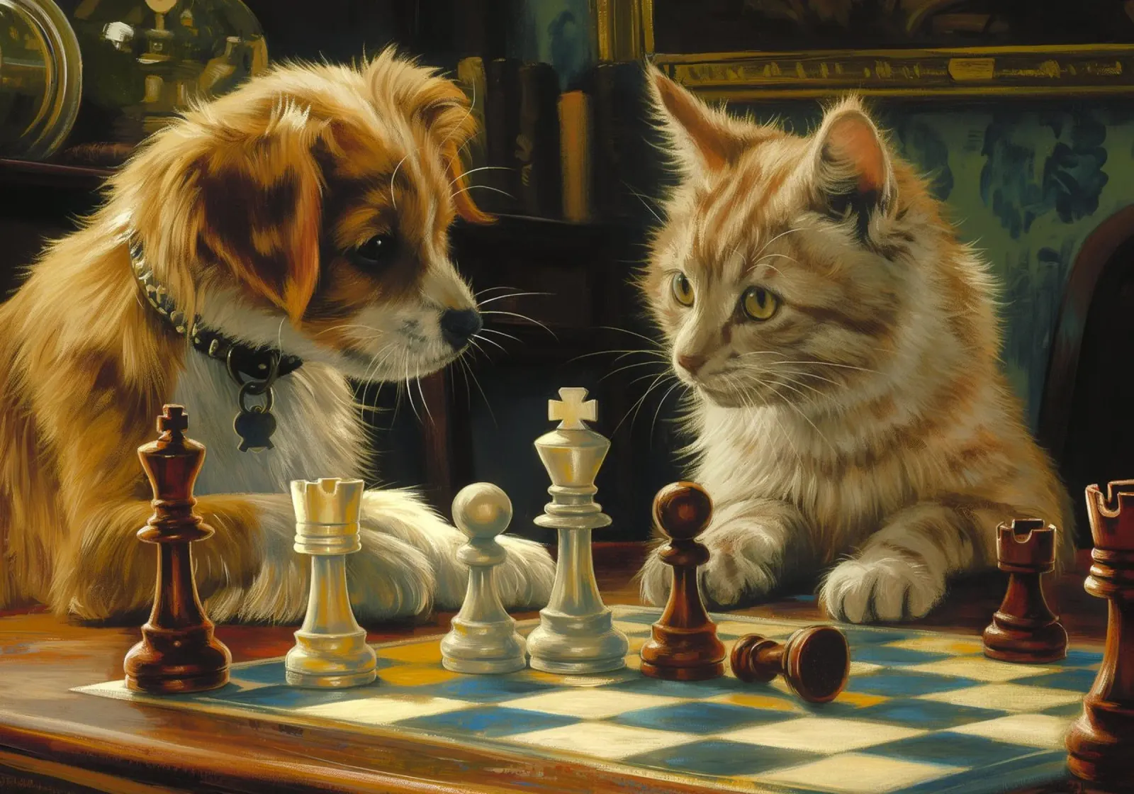 Gatto e cane giocano a scacchi carta hahnemühle da Fleur de Lys