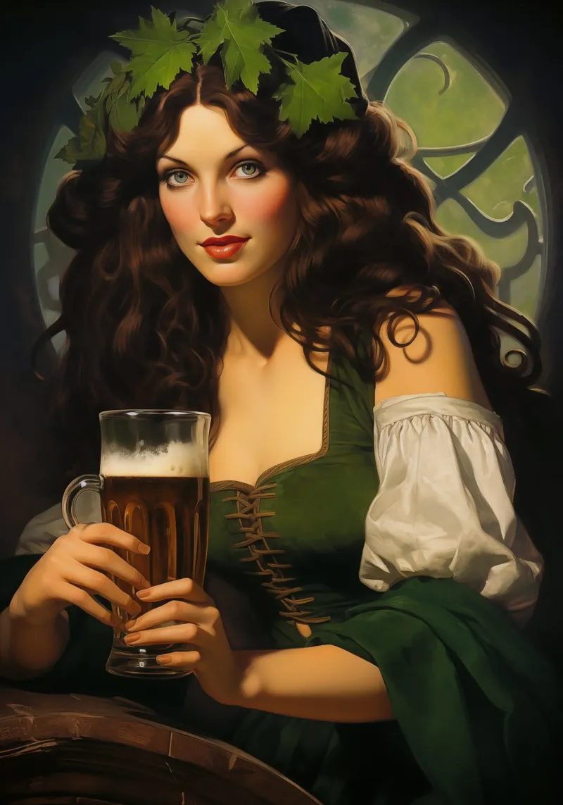 Ragazza irlandese che beve birra poster con telaio in legno da Fleur de Lys