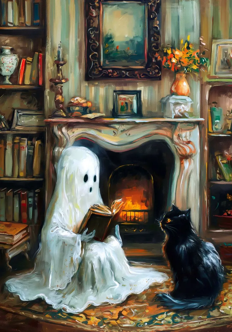 Lecture des fantômes d'Halloween poster avec cadre en bois de Fleur de Lys