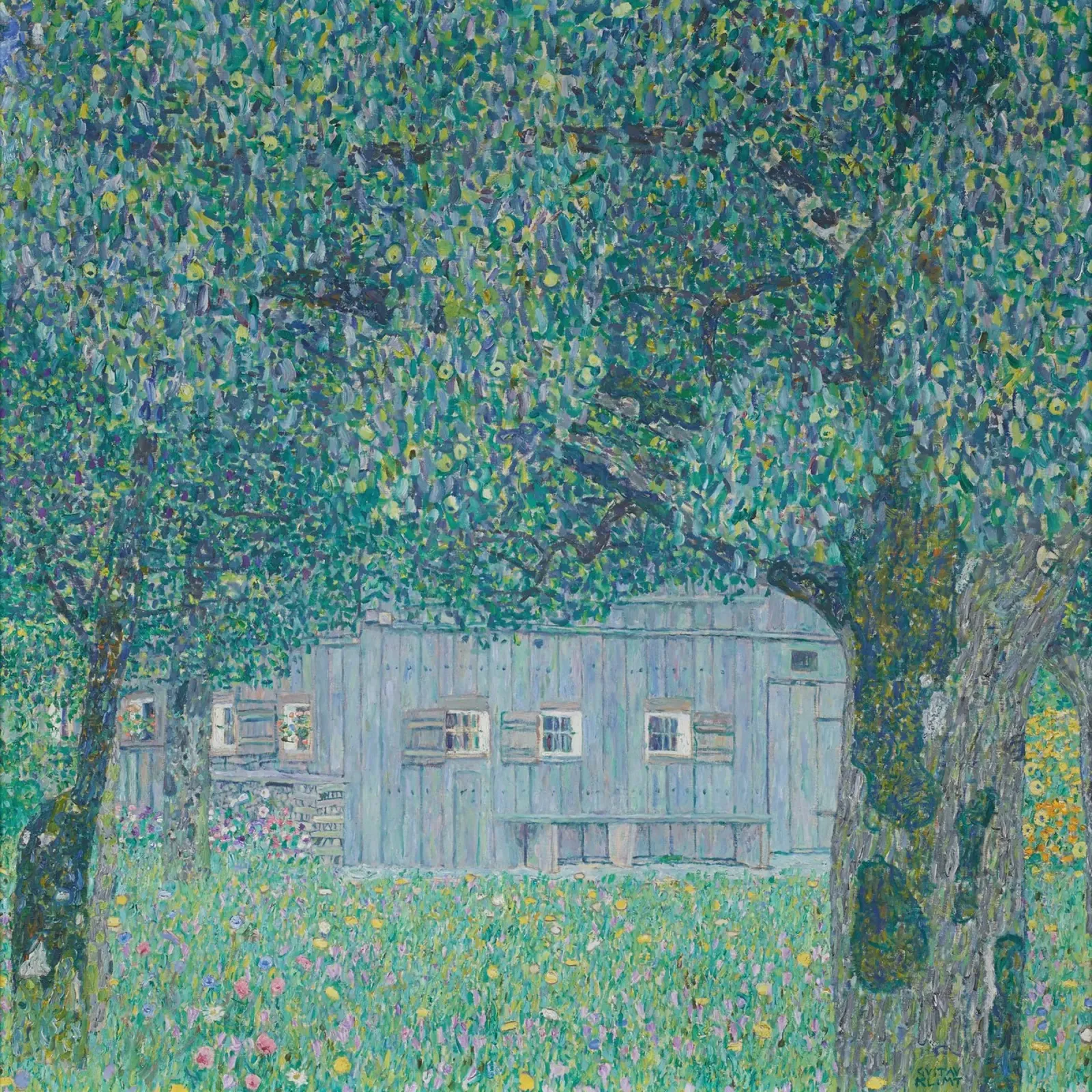 Klimt's "Farmhouse in Buchberg" - Pointillist, Nature, Austr canvas with Floater frame by ClubArt