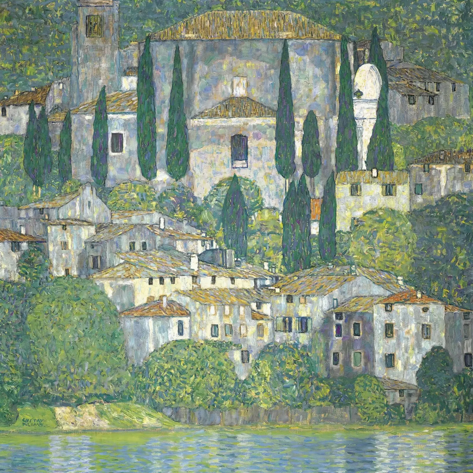 Klimts "Kerk in Cassone" - Pointillistisch, Landschap, Italië canvas met Baklijst van ClubArt