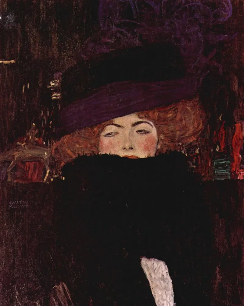 Klimt's "Lady with Hat & Feather Boa" - Modernist, Portraitu canvas with Floater frame by ClubArt