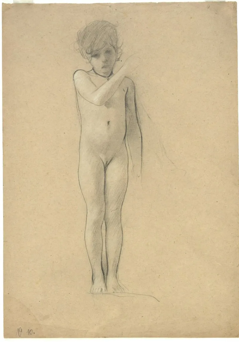Klimts "Stehendes Nde Kind" - Figurative Zeichnung, Expressi Leinwand mit Schattenfugenrahmen von ClubArt