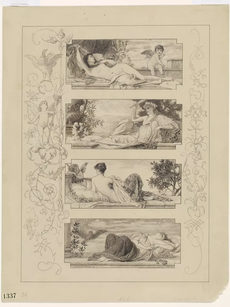 Klimt's "Four Times of Day" - Allegory, Early Work, Classica canvas with Floater frame by ClubArt