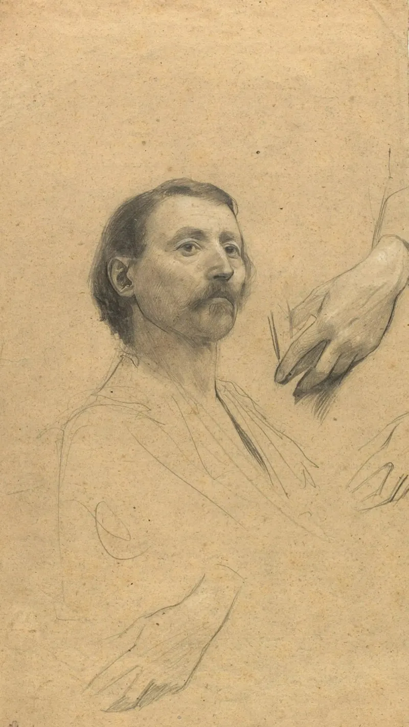 Hombre con bigote y estudios de manos" de Klimt - Figurative Dra hahnemühle de ClubArt