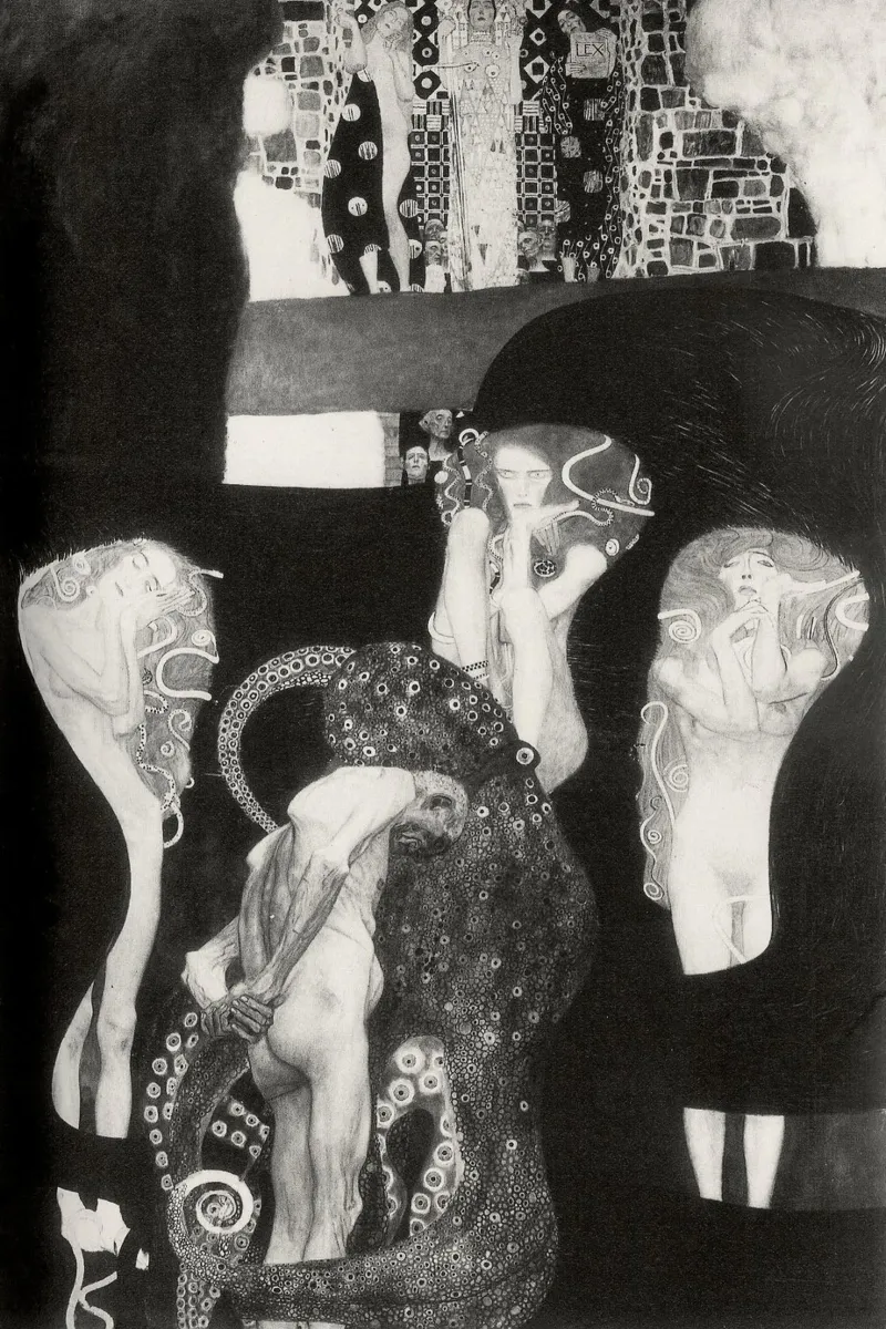 Klimts "Rechtspraak" - Symboliek, Allegorie, Duistere Academia canvas met Baklijst van ClubArt