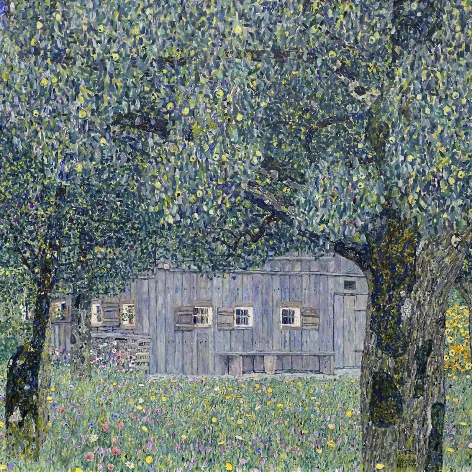 Klimt's "Farmhouse in Buchberg" - Pointillist, Nature, Austr canvas with Floater frame by ClubArt