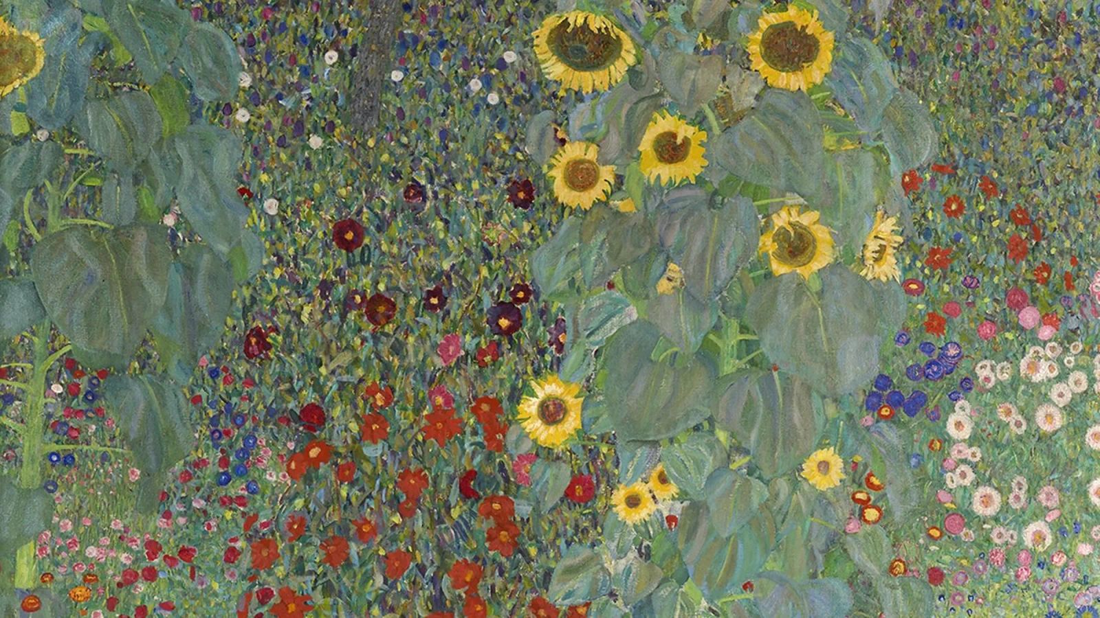 Jardin de ferme avec tournesols" de Klimt - Pointilliste, floral, poster de ClubArt