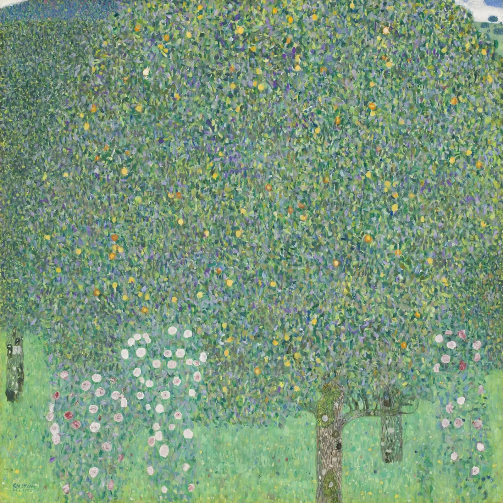 Klimts "Rosensträucher unter Bäumen" - Pointillistisch, Natur, üppig Leinwand mit Schattenfugenrahmen von ClubArt