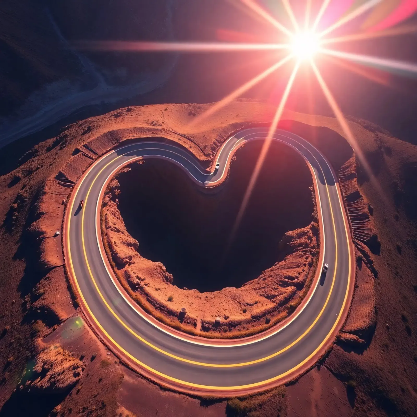 Strada panoramica e tortuosa a forma di cuore sotto un sole splendente tela con Cornice a cassetta da DesignDoodle