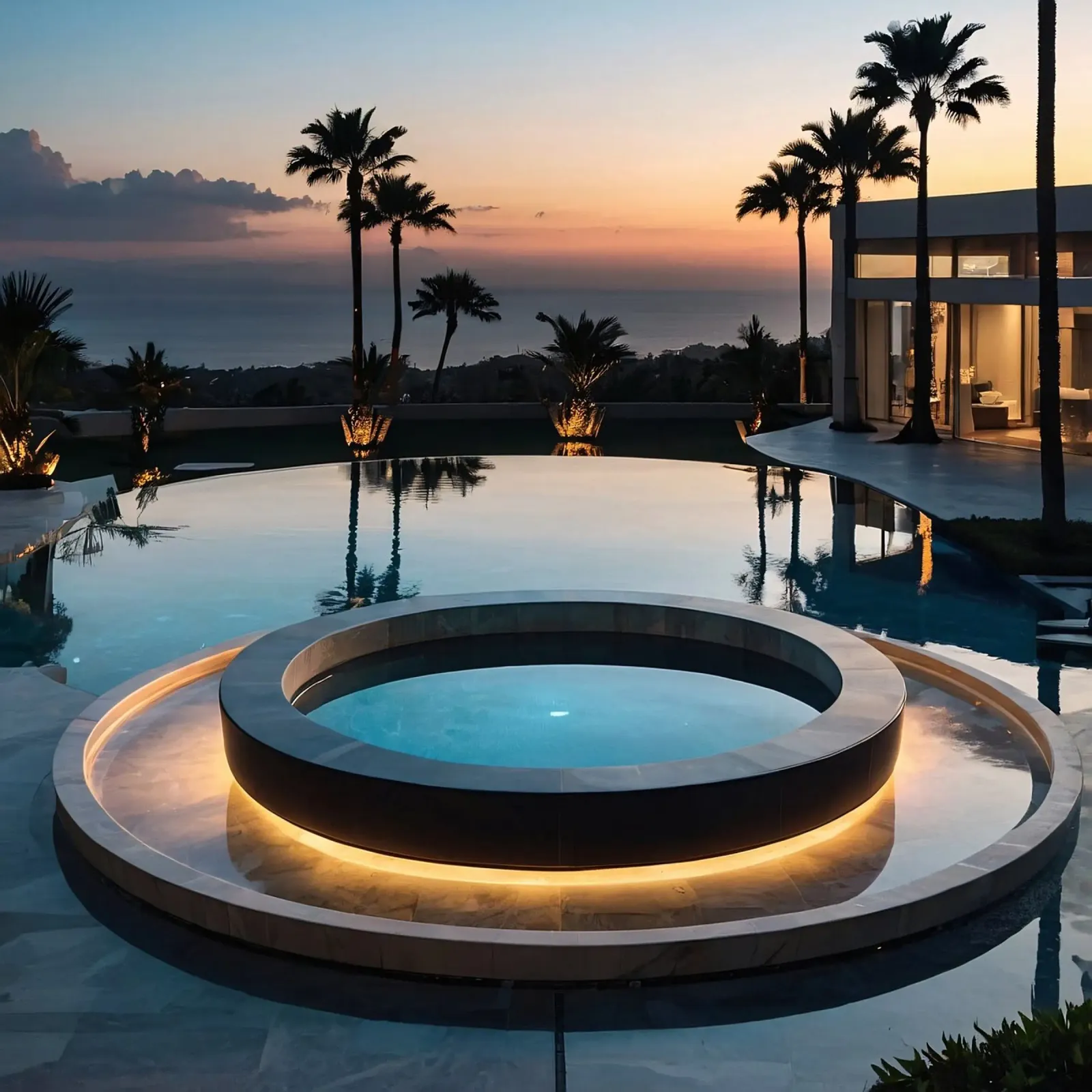 Relaxing evening at a luxurious poolside retreat with sunset canvas with Floater frame by DesignDoodle
