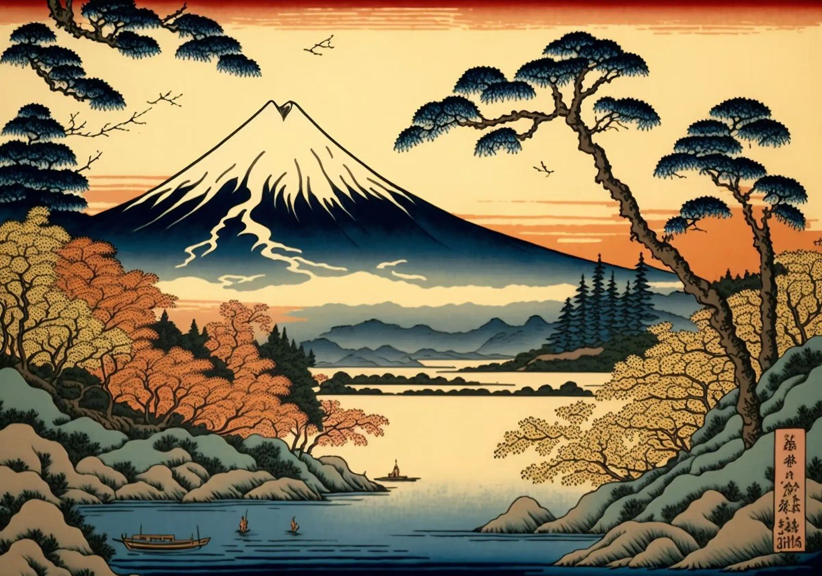 Monte Fuji montaña lago agua árboles pino pájaros barco re poster de Hien T Huynh