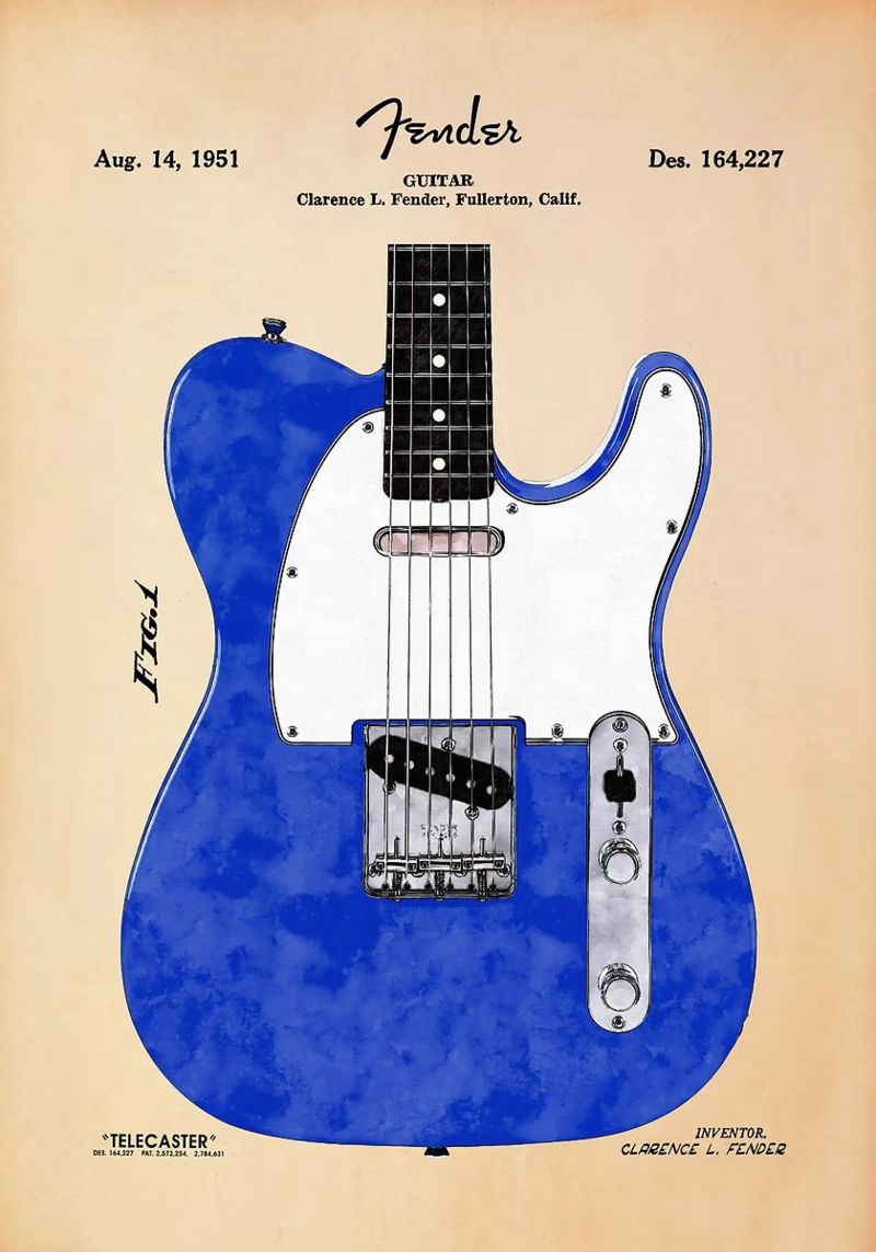 guitar electric guitar telecaster blue guitar musical instru poster by Perry Kale