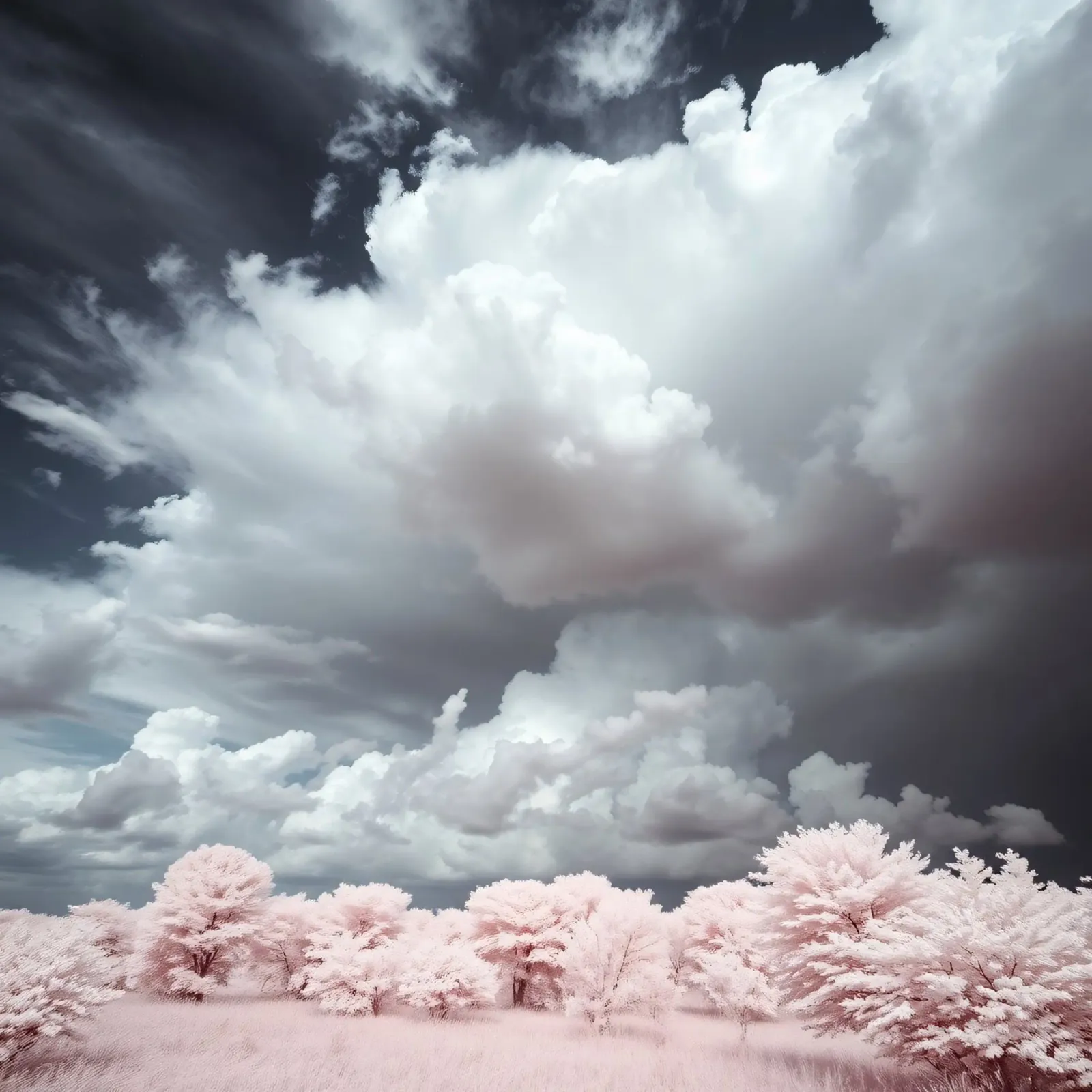 Dramatic clouds hover over pink-tinted trees in an enchantin canvas by DesignDoodle